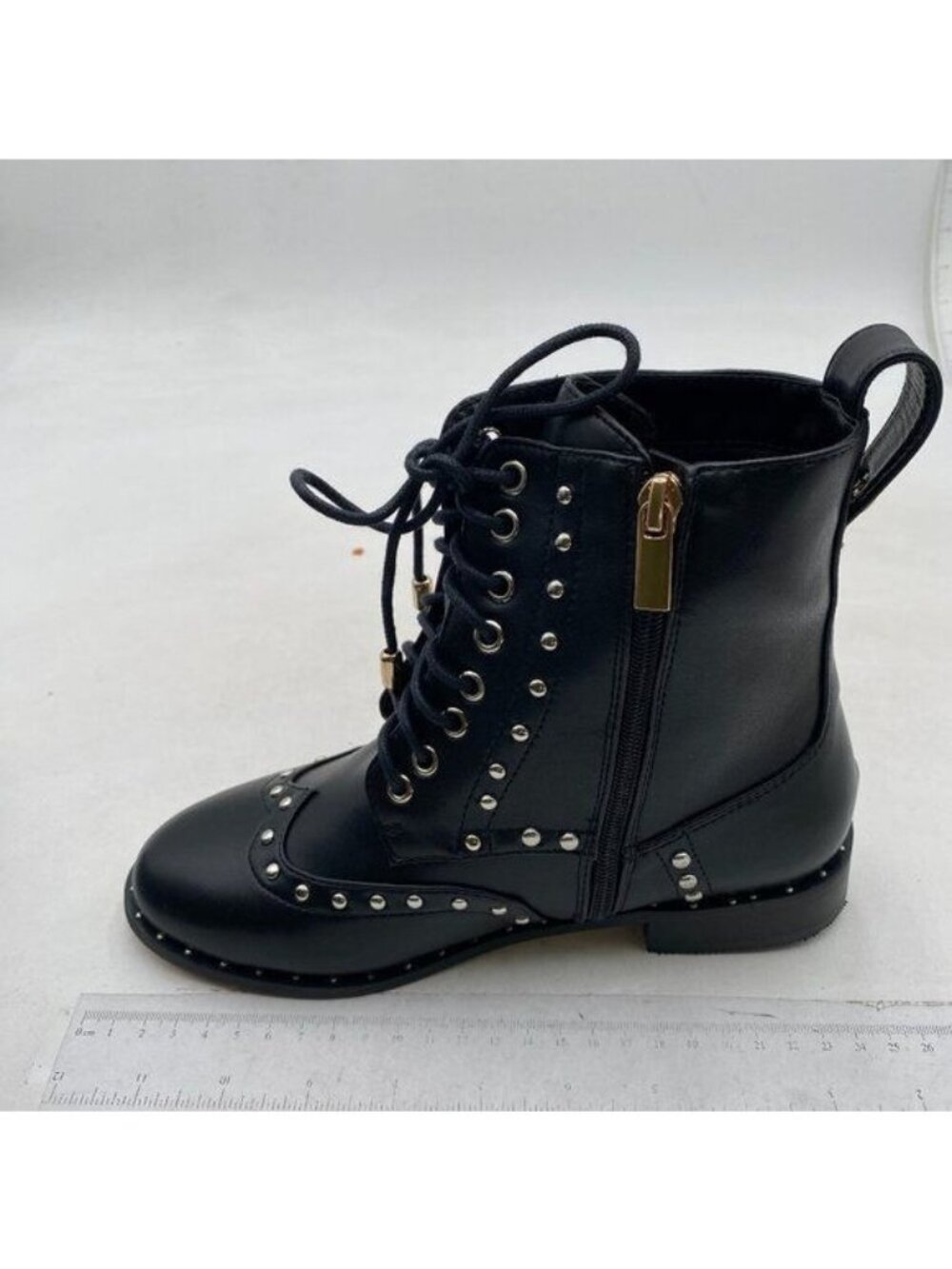 Black Studded Block Low Heel Lace-up Side Zipper Round Toe Combat Ankle Boots